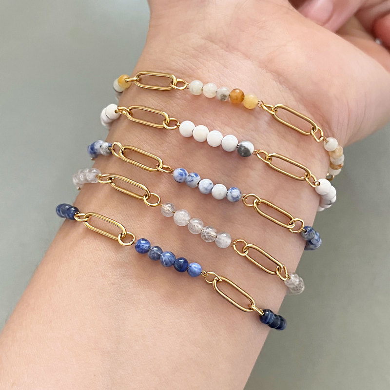 Cross-Border European and American Popular 18K Stainless Steel Natural Stone Beaded Bracelet for Women, Ins Style Fashion Handmade Chain