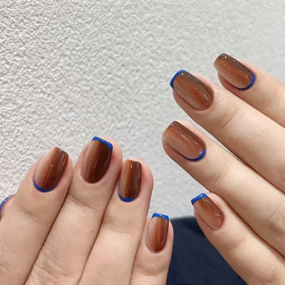 Bronceado gradiente borde azul desgaste de uñas atmosféricas simples fabricantes de uñas al por mayor 24 uñas falsas