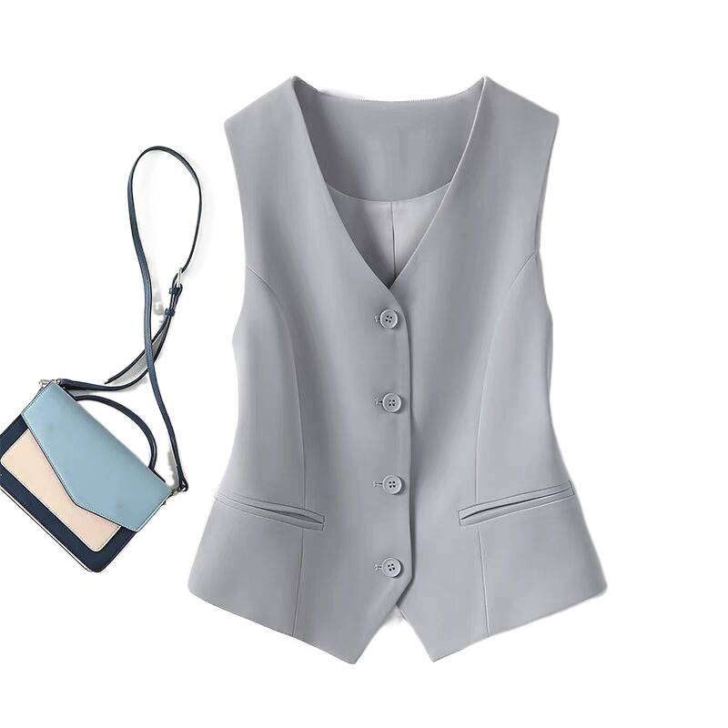 Traje chaleco de mujer 2025 primavera y otoño nuevo delgado plegado para usar hombro de mujer gris corto clip de caballo image 6