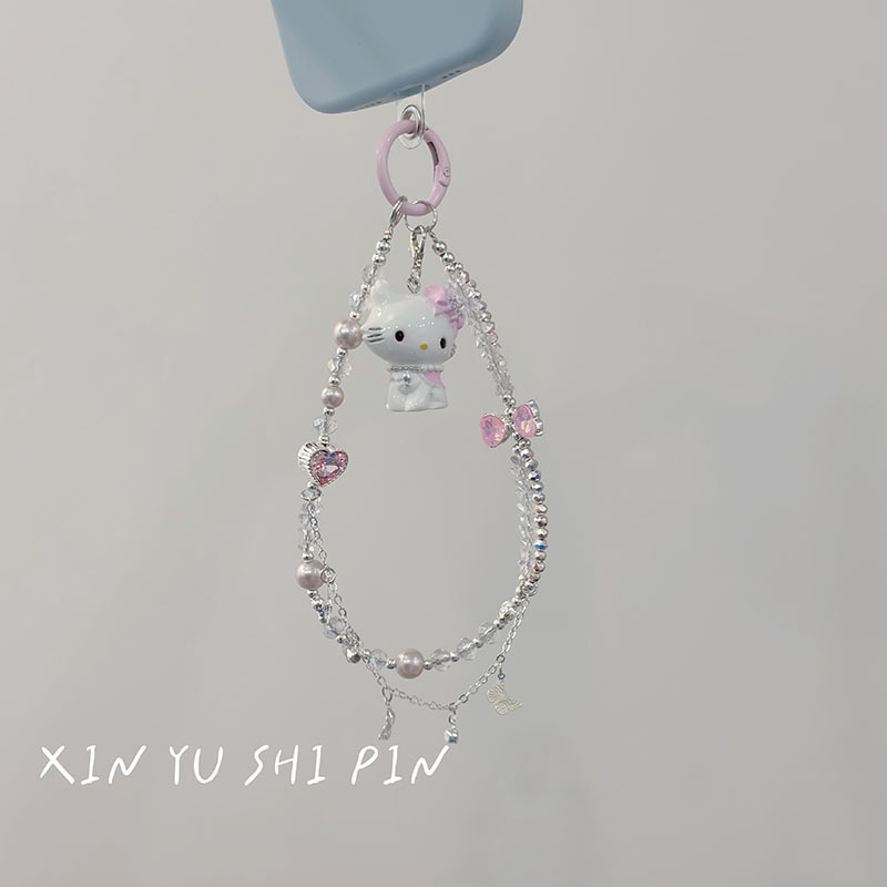 甜美粉色蝴蝶结kitty猫串珠手机链可爱少女心包包挂链钥匙扣链女|undefined