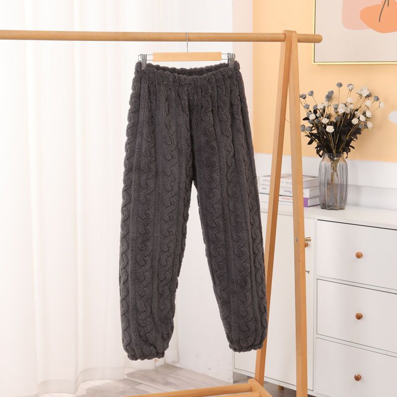 Pantalones caseros dulces se pueden usar fuera de otoño y invierno de tela de coral espesa calentamiento elástico pijamas de franela casuales
