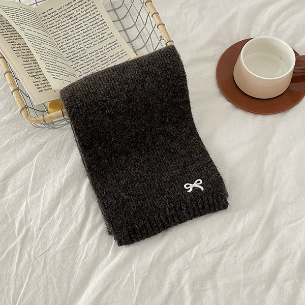 Wool embroidered bow scarf--dark gray