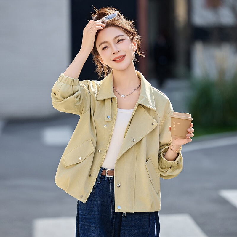 2026 Spring New Style Versatile Fashionable Retro Casual Lapel Jacket Short Goatskin Leather Jacket for Women