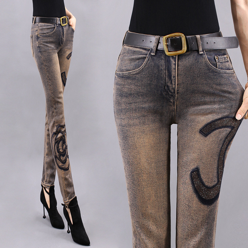 烫钻高腰小脚牛仔裤女2025春季新款弹力紧身直筒裤修身显瘦铅笔裤