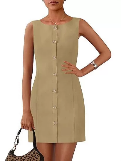 2025 Summer European and American Foreign Trade Cross-border Women's Clothing Amazon Explosions Sleeveless Crewneck Buckle Solid Color Short dress
