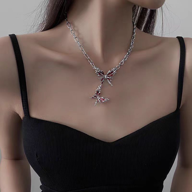Red Zircon Double Butterfly Necklace Women's Cold Style Personalized Simple Stitching Necklace Niche Fashionable All-match Clavicle Chain