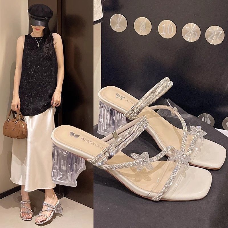 Trendy Chunky Heel Slippers for Women Summer Outdoor Wear New Fashion Fairy Style with Dress Crystal High Heel Sandals
