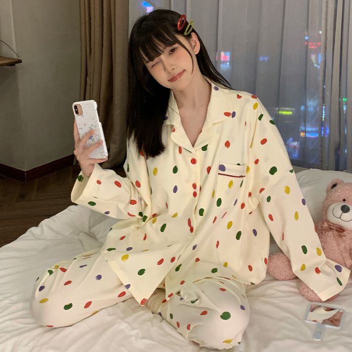 Al por mayor transfronterizo otoño nuevo cardigán pijama de mujer pull-frame algodón pantalones de manga larga con solapa set de ropa casera casual