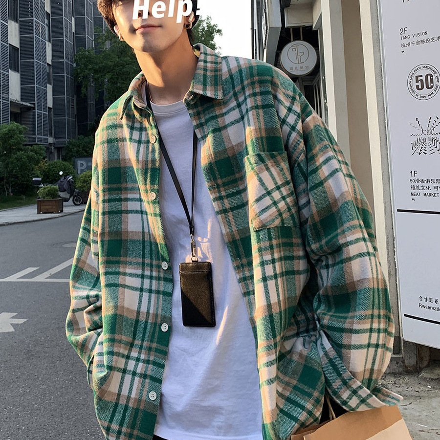 Camisa a cuadros de lana de alta gama para hombre Vintage suelto de manga larga ins Camisa de herramientas de marca de moda de alta gama