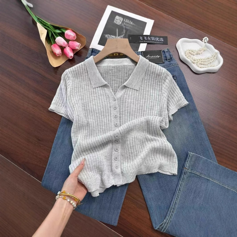 Polo Collar Is Good for Reducing Age and Elegant~Dopamine Fresh Color Series! Refreshing and Cool Right Shoulder Knitwear