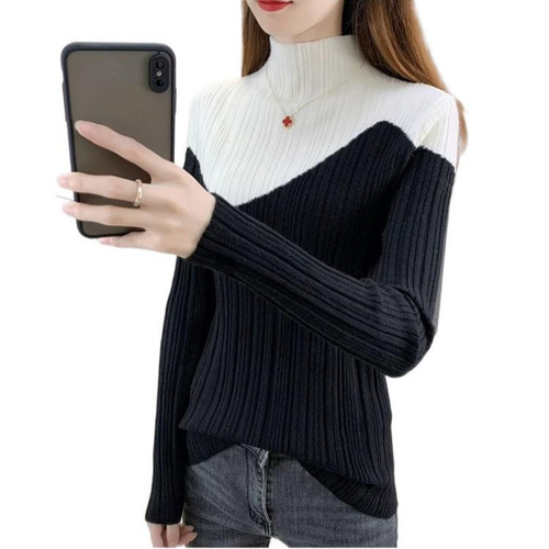 Autumn New Slim-Fit Base Layer Thin Sweater—Fall/Winter Stretch Top, White Half-Turtleneck Knitted Bottoming Shirt for Women