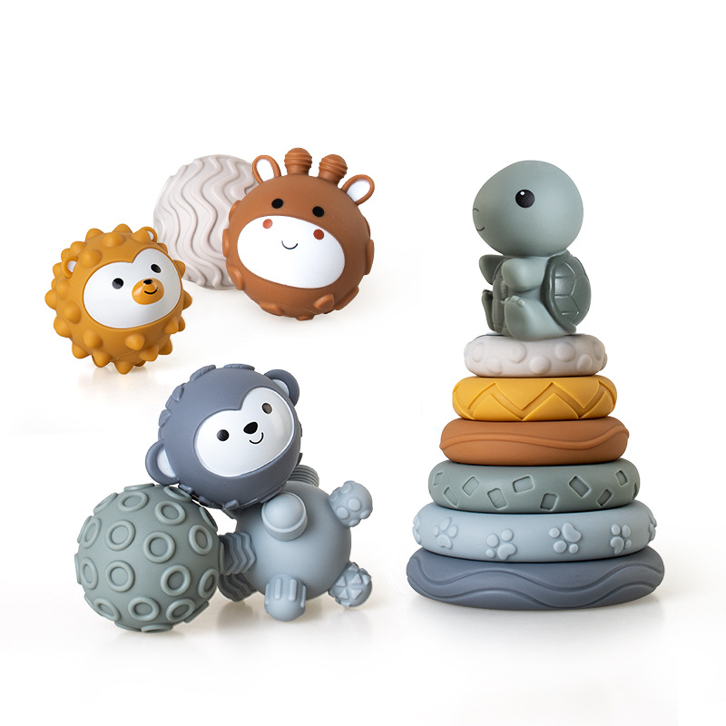 Juguetes transfronterizos de agarre de mano para bebés y niños pequeños, bloques de bloques de goma suave, círculos apilados, pellizcos para bebés, juguetes apilados de bolas image 20