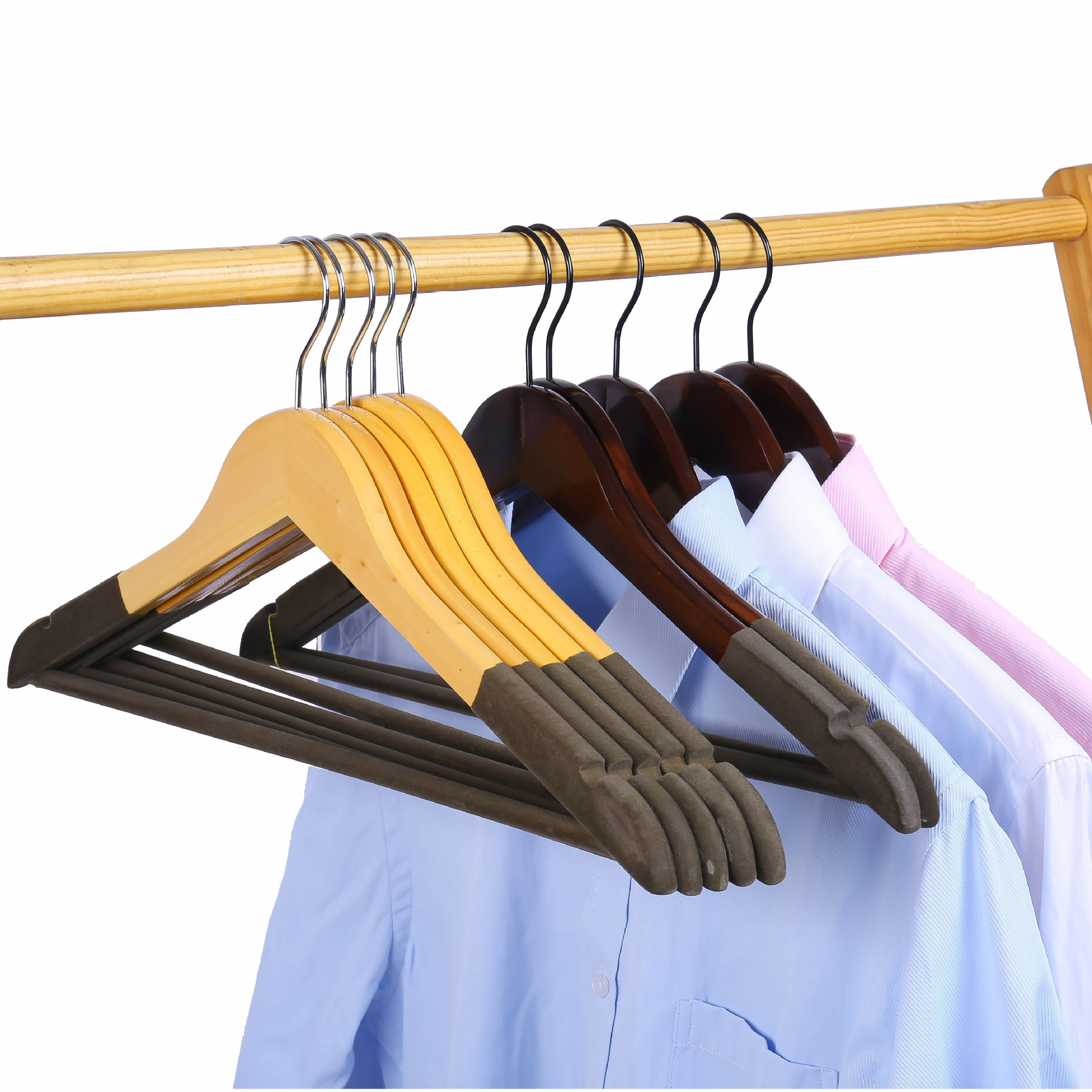 고급 논슬립 플로킹 행거 옷가게 단단한 나무 옷 랙 도매 우드 행거 바닥 옷 걸이 옷 지원