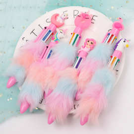 创意6色圆珠笔天鹅彩虹毛绒笔个性文具创意造型六色独角兽签字笔