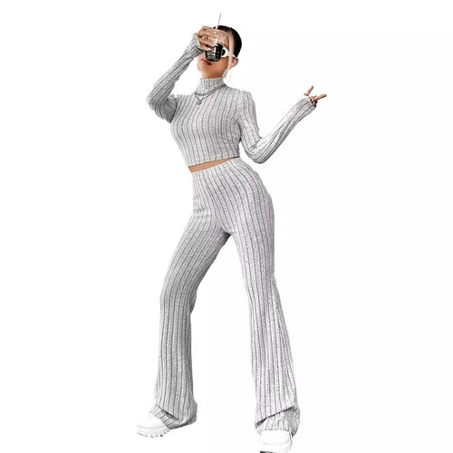 European and American Amazon women's 2025 knit long-sleeved suit, loose-fitting high-waisted pants, two-piece set