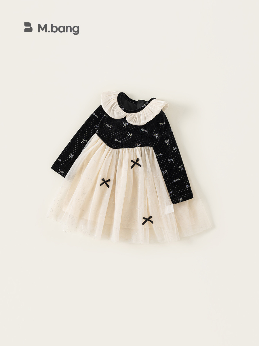Envío gratis, ropa para niños, vestido de princesa para niñas de primavera y otoño, vestido para niños, vestido de malla con cuello de muñeca, vestido con lazo para niñas
