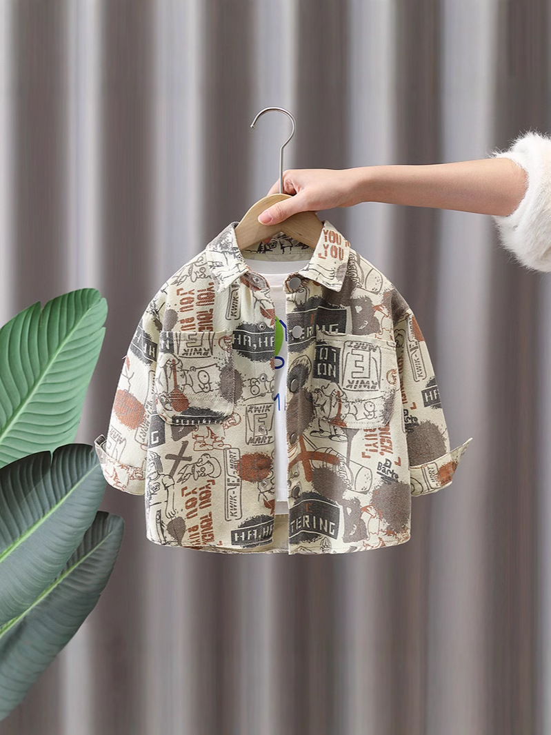 7748 Chaquetas de camisa para niños Ropa para niños de estilo occidental Ropa estampada de primavera y otoño 2025 nueva ropa de primavera de la calle de las celebridades de Internet