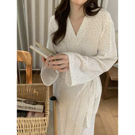 韩国ins女士秋季新品舒适韩系双层棉纱蝴蝶结印花家居服睡袍睡衣