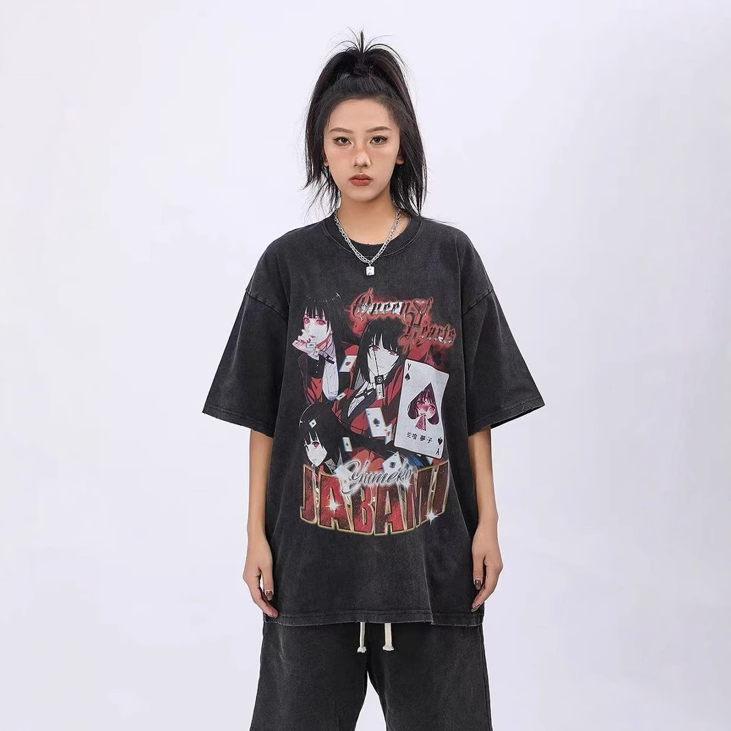 2025 primavera y verano nuevos productos de lavado de agua para hacer vieja impresión blanca masculina camiseta de manga corta suelta marca de moda retro t camiseta de base universal