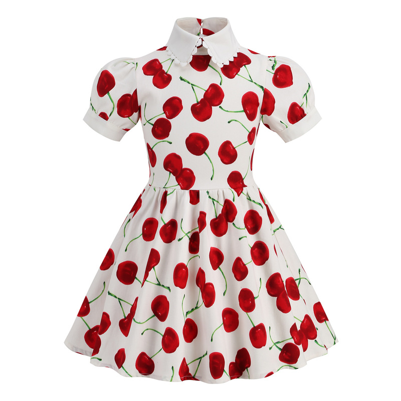 50 s retro Hepburn style court princess dress cherry print photo performance clothing elegant dress girl's clothing 50 s retro Hepburn style court princess dress cherry print photo performance clothing elegant dress girl's clothing