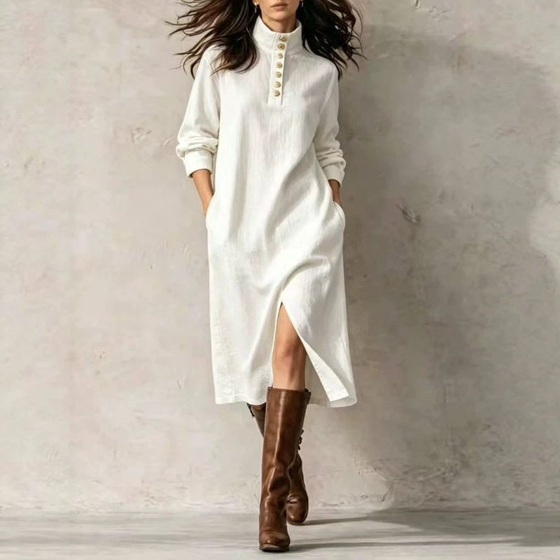 2026 cross-border European and American style new linen blend loose-fitting dress with a stand-up collar, front tie, and pockets