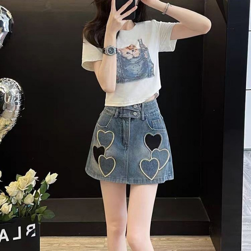 Summer Outfit for Women: Love Print Pants, Denim Skirt, T-Shirt, 2026 Cat Print Short Sleeve, High-Waisted A-Line, New Style for Petite Sizes