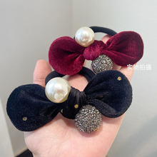 羽晞韩国复古波点丝绒蝴蝶结发圈珍珠镶钻后脑勺扎发头绳马尾皮筋