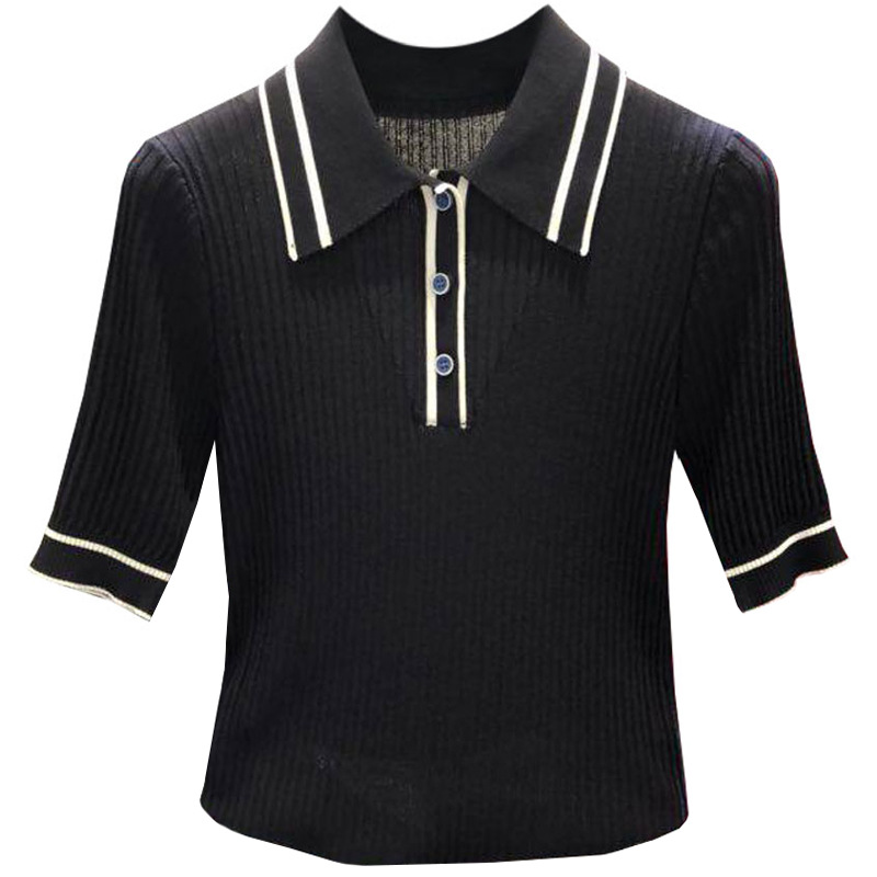 Áo thun nữ cổ polo tay ngắn phối màu chất liệu lụa đá ôm dáng — Màu đen