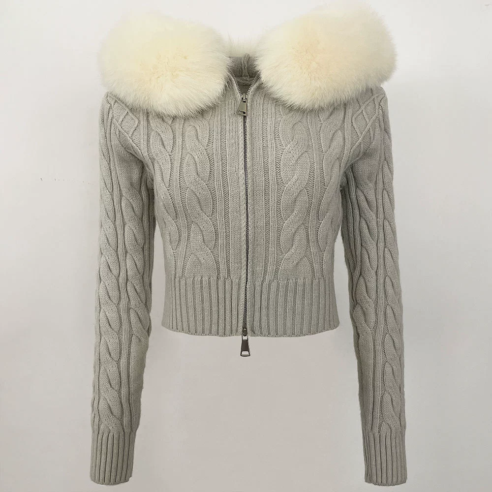Sexy Spice Girl Spring and Autumn Super Large Fox Fur Collar Design Sense Niche Double Zipper Super Short Slim-fit Knitted Cardigan Sweater