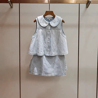 深圳南油高端女装夏季新款法式减龄甜美娃娃领无袖上衣半身裙套装