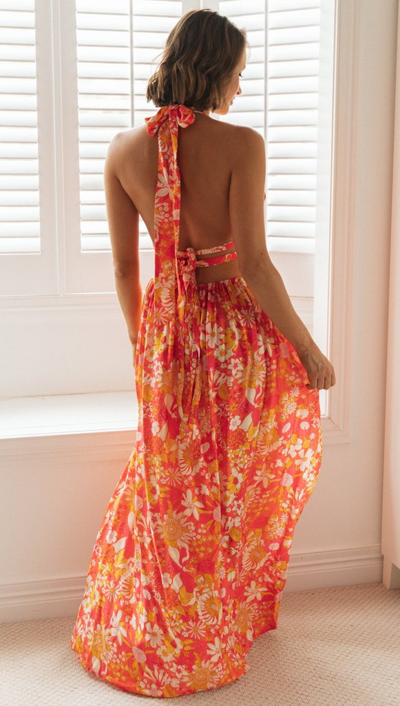 V-neck Printed Slit Long slip dress NSJKW121136