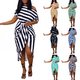 2022欧美性感女装露肩收腰条纹开叉连衣裙