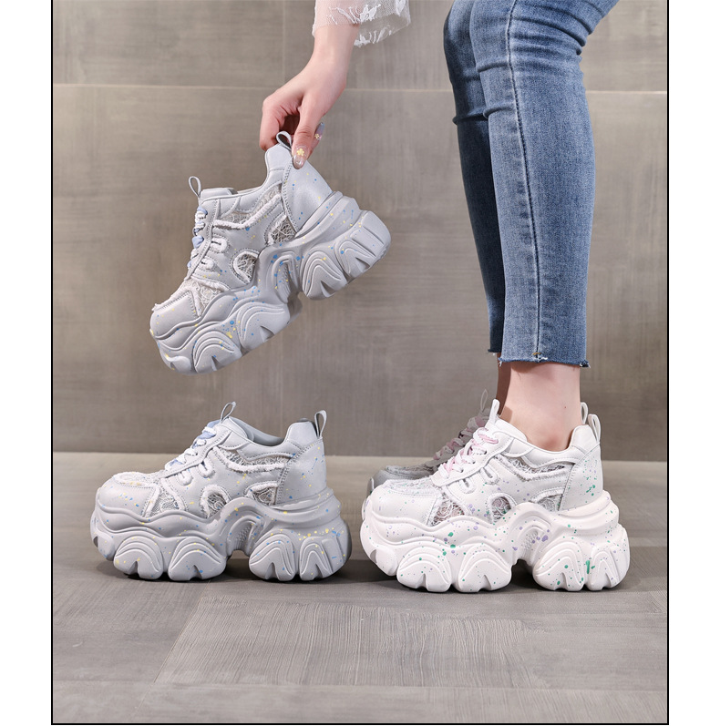 Giày sneaker nữ đế dày chunky lưới thoáng khí tăng chiều cao — Màu trắng chi tiết 17