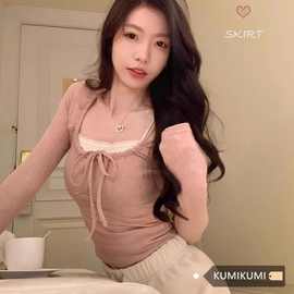 美式绑带纯欲修身甜辣秋季内搭方领短款T恤上衣女显瘦百搭打底衫