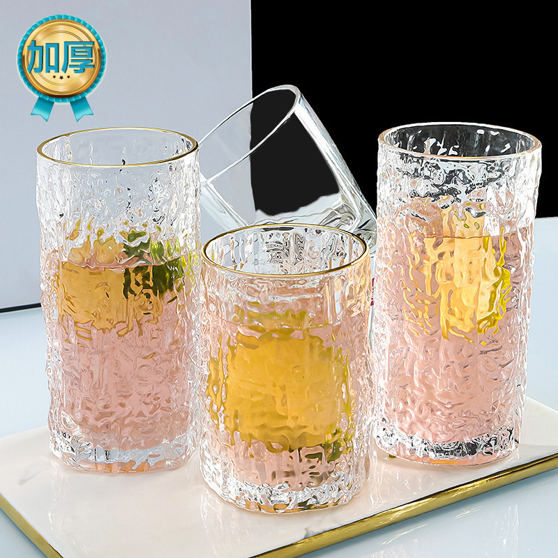 日式樹皮紋玻璃家用水杯錘紋茶杯 簡約透明金邊創意設計網紅ins風