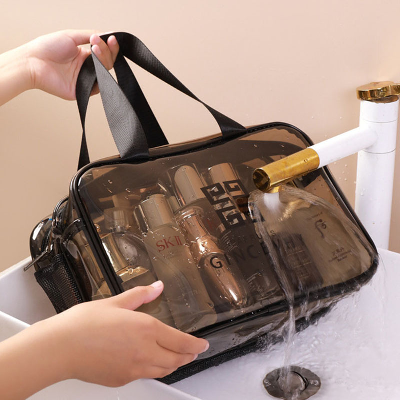 Nueva bolsa cosmética impermeable transparente de separación en seco y húmedo, bolsa de almacenamiento de malla de PVC portátil de doble capa y gran capacidad, bolsa de lavado