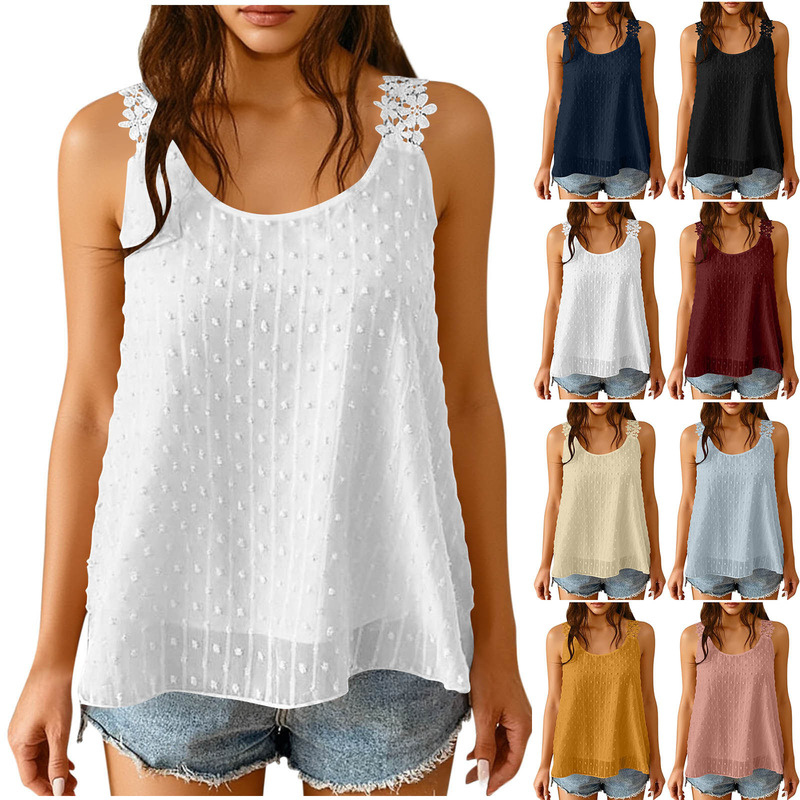 Amazon Cross-Border Summer Holiday Women's Solid Color Textured Simple Daily Lace Chiffon Shirt Sleeveless Vest
