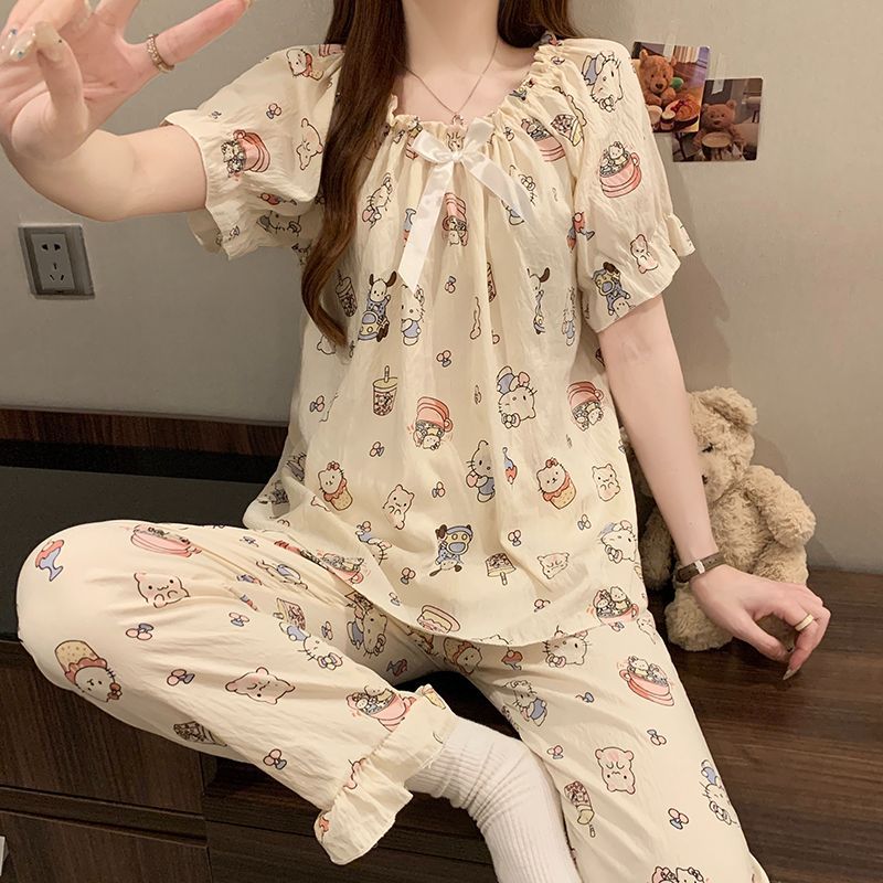 Ladies pajamas pijamas coreanos traje de verano para mujer pantalones de manga corta nube de dibujos animados algodón ropa de hogar se puede usar afuera