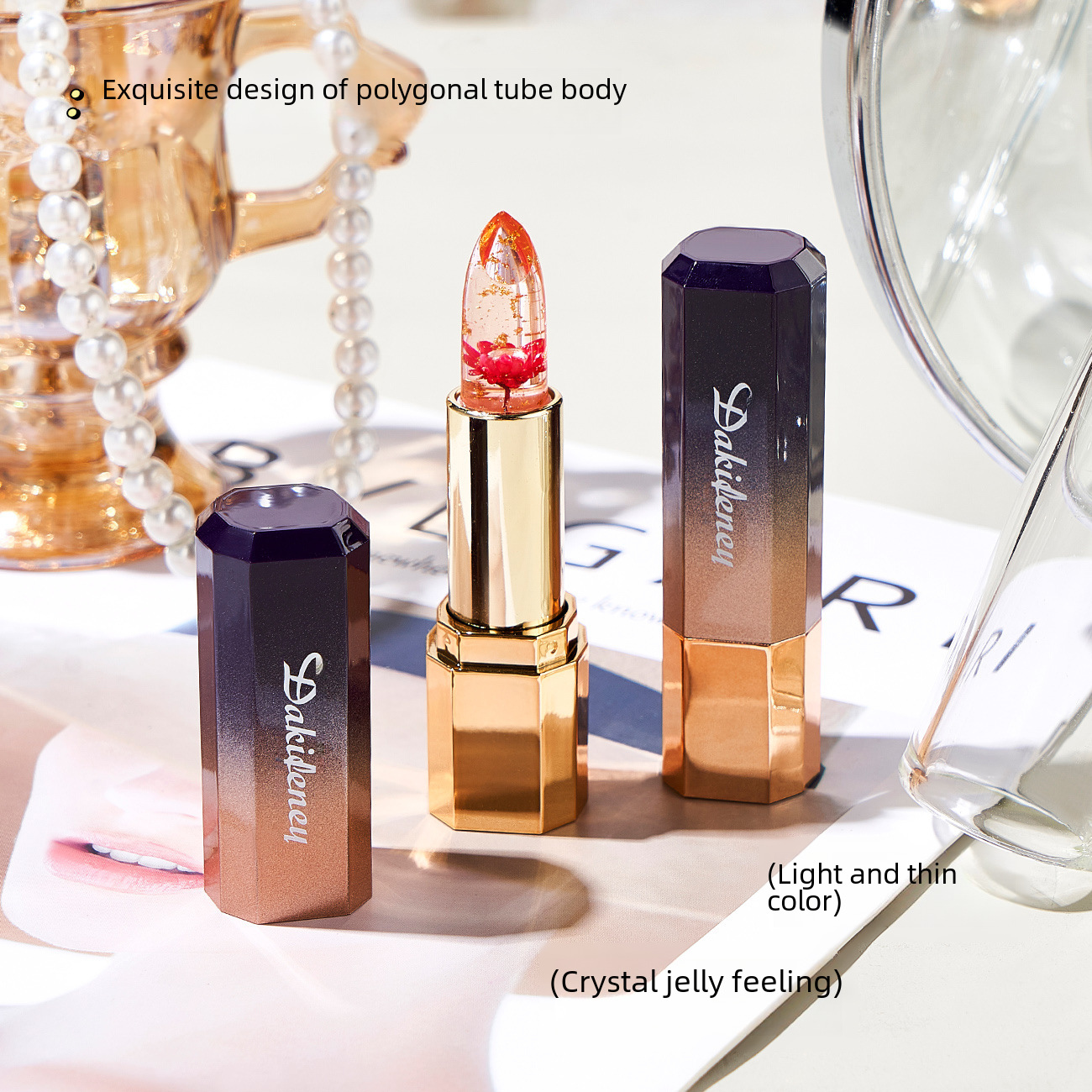 Petal flower lipstick transparent jelly discoloration gold foil temperature lipstick non-stick cup does not fade moisturizing wholesale