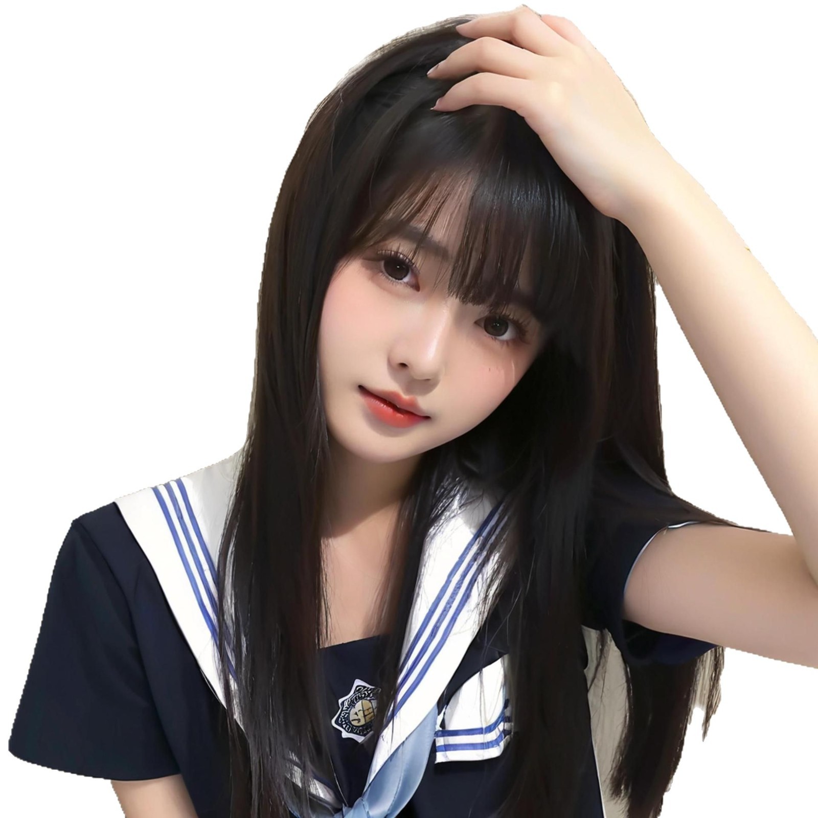 Puntuación más venta en caliente pelucca joven Luo Huang dulce negro largo recto Lolita aire doble cola de caballo cubierta de cabeza