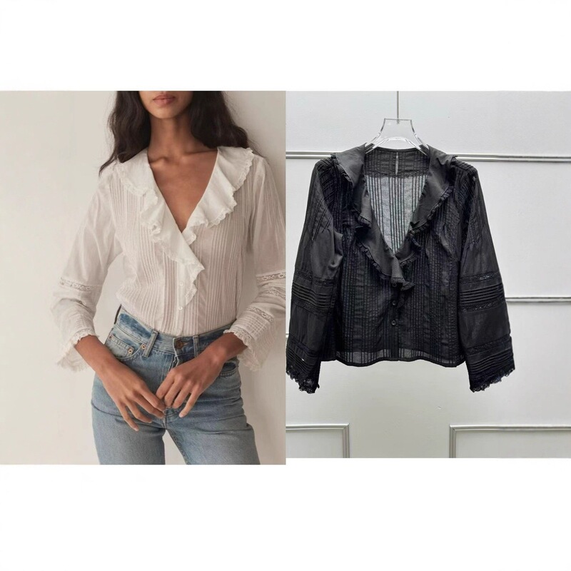 New spring and summer lace-trimmed, collared tops, featuring a stylish design, long sleeves, ruffled hem, and a V-neck, in a French style