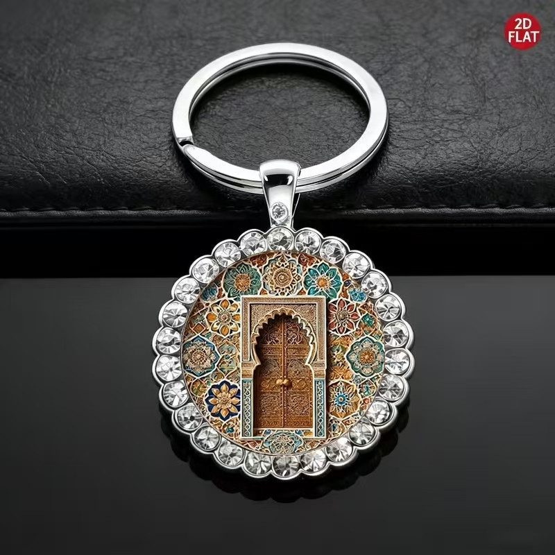 Moroccan arch tile pattern inlaid with diamonds, time gemstone keychain, carved wooden door, vintage tile glass pendant