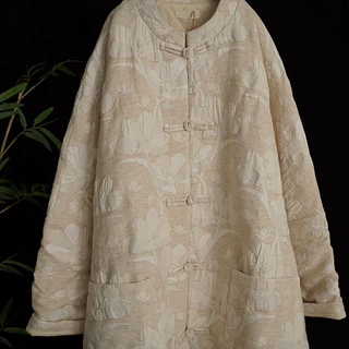 新中式国风棉麻提花复古手工盘扣中长款外套绗绵棉服308