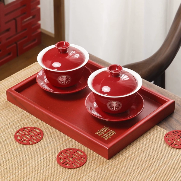 A pair of Jihong tea cups + small square plate