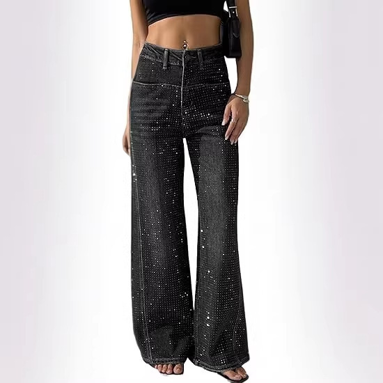 Women's Rhinestone Jeans Wide-Leg Flared Jeans High-Waisted Shiny Sequin Glitter Pants
