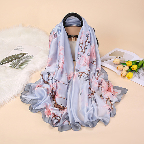 21 spring and summer elegant silk scarf sun protection scarf large shawl for women wholesale satin beach long scarf printed shawl