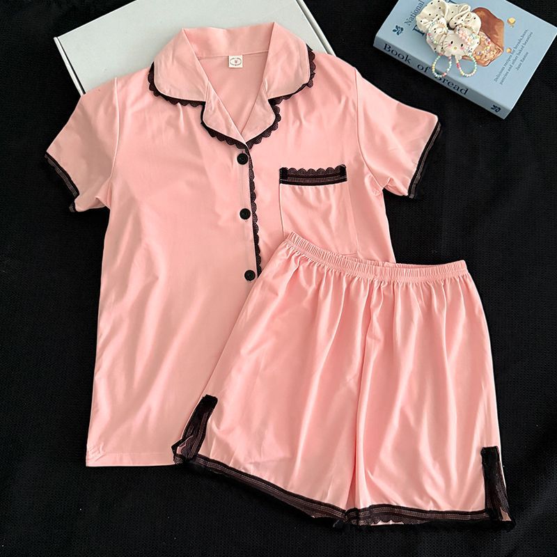 Venta al por mayor transfronteriza de nuevos pantalones cortos de verano de manga corta cardigan pijamas de solapa de imitación para mujer traje simple servicio a domicilio