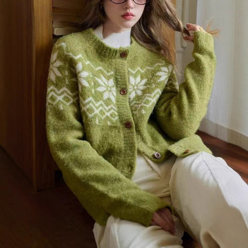 Simpleretro Norwegian Forest Wool Loop Yarn Fair Isle Sweater Women's Autumn Lazy Style Sweater Jacket