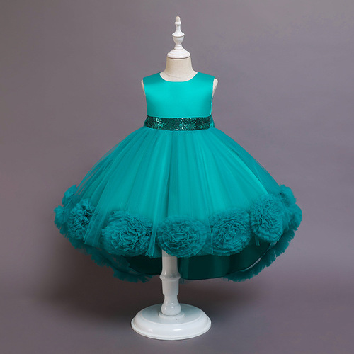 New Women's Children's Dress Princess Dress Net Fabric Flower Puffed Dress with Back Heart and Train for Piano Performance