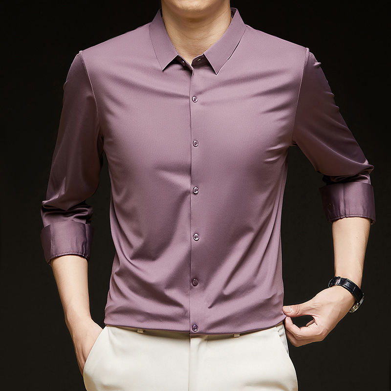 High-End Long-Sleeved Shirt for Men, Spring and Autumn Business Casual, Seamless, Iron-Free, Ice Silk, Stretchy, Anti-Wrinkle Shirt for Men